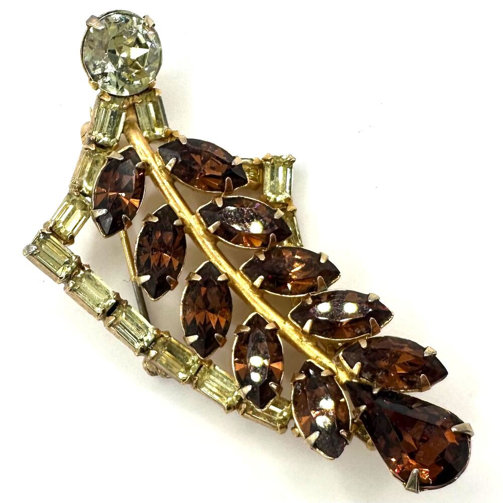 Rare Byer Bros vintage gold tone yellow topaz brown glass rhinestones brooch